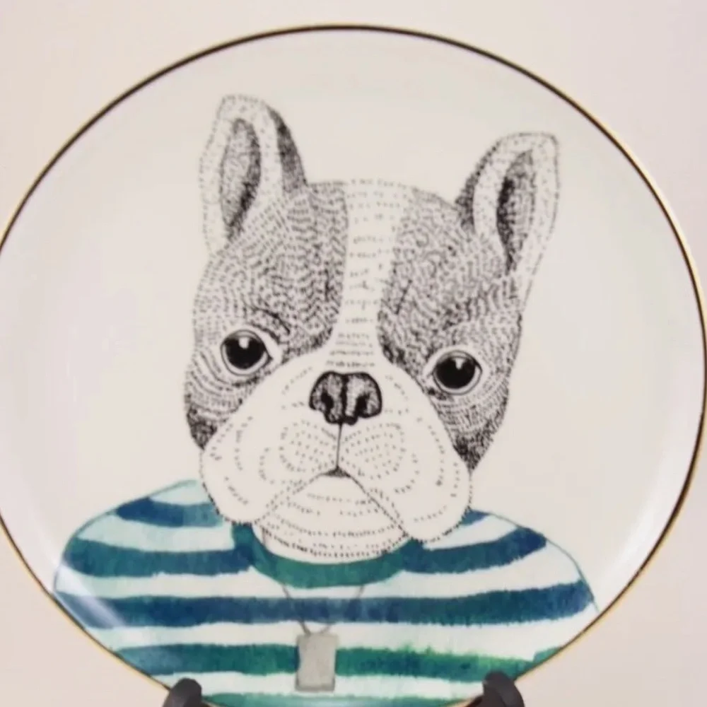 PIER 1 Book Club FRENCH BULLDOG Fine China Salad Plates Gold Trim Set/2